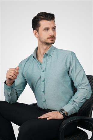 Mint Yeşili Yaka Düğmeli Premium Şamre Slimfit Erkek Gömlek