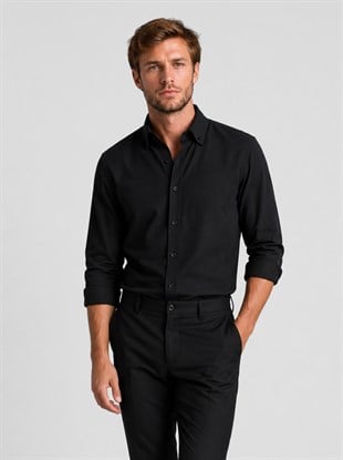 Siyah Yaka Düğmeli Premium Şamre Slimfit Erkek Gömlek