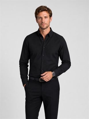 Siyah Yaka Düğmeli Premium Şamre Slimfit Erkek Gömlek
