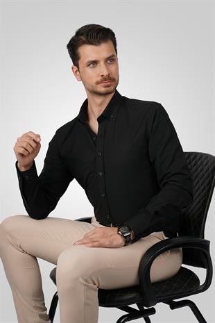 Siyah Yaka Düğmeli Premium Şamre Slimfit Erkek Gömlek