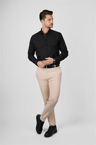 Siyah Yaka Düğmeli Premium Şamre Slimfit Erkek Gömlek