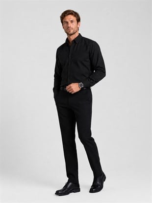 Siyah Yaka Düğmeli Premium Şamre Slimfit Erkek Gömlek