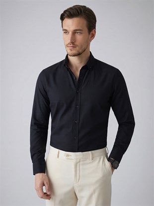 Siyah Yaka Düğmeli Premium Şamre Slimfit Erkek Gömlek