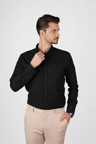 Siyah Yaka Düğmeli Premium Şamre Slimfit Erkek Gömlek