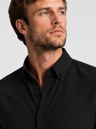 Siyah Yaka Düğmeli Premium Şamre Slimfit Erkek Gömlek