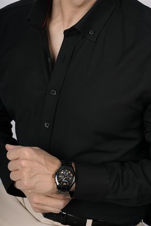 Siyah Yaka Düğmeli Premium Şamre Slimfit Erkek Gömlek