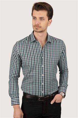 Yeşil Lacivert Kareli Slimfit Erkek Gömlek