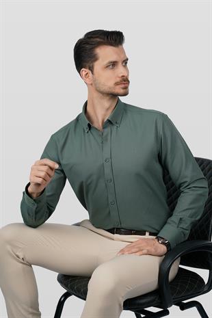 Yeşil Yaka Düğmeli Premium Şamre Slimfit Erkek Gömlek