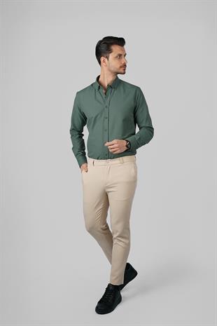 Yeşil Yaka Düğmeli Premium Şamre Slimfit Erkek Gömlek