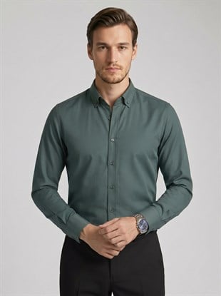 Yeşil Yaka Düğmeli Premium Şamre Slimfit Erkek Gömlek