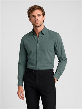 Yeşil Yaka Düğmeli Premium Şamre Slimfit Erkek Gömlek