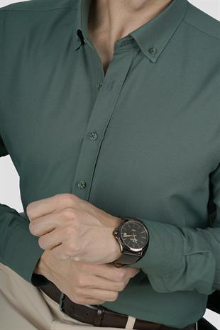 Yeşil Yaka Düğmeli Premium Şamre Slimfit Erkek Gömlek