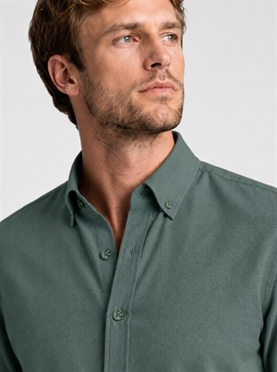 Yeşil Yaka Düğmeli Premium Şamre Slimfit Erkek Gömlek