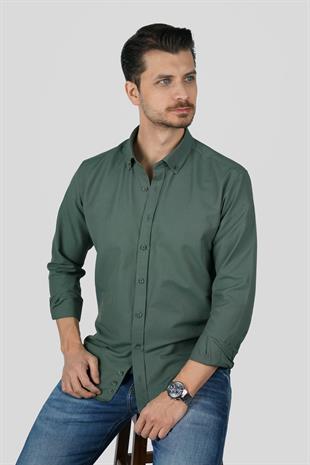 Yeşil Yaka Düğmeli Premium Şamre Slimfit Erkek Gömlek