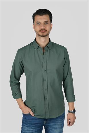 Yeşil Yaka Düğmeli Premium Şamre Slimfit Erkek Gömlek