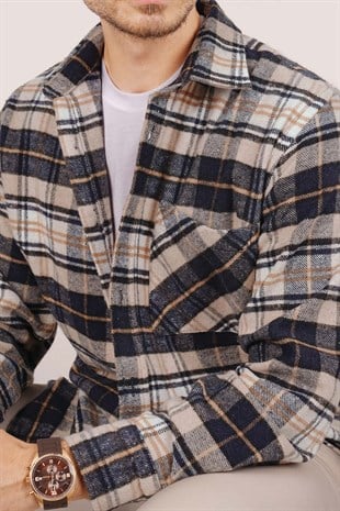 Sütlü Kahve Lacivert Geçişli Oversize Oduncu Erkek Gömlek
