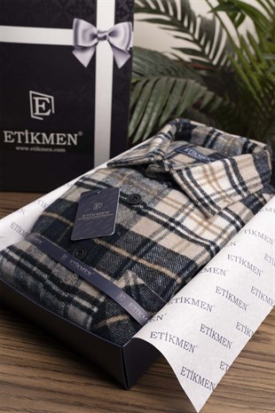 Sütlü Kahve Lacivert Geçişli Oversize Oduncu Erkek Gömlek