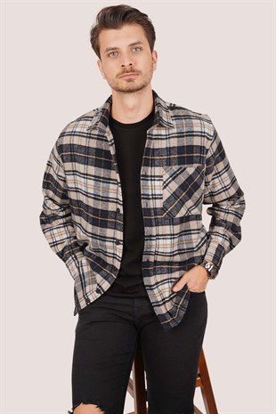 Sütlü Kahve Lacivert Geçişli Oversize Oduncu Erkek Gömlek
