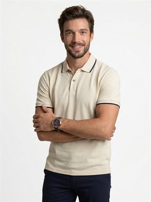 Bej Lacivert Yaka Çizgili Erkek Polo Yaka Tişört