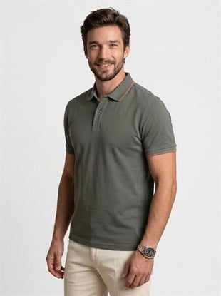 Haki Taba Yaka Çizgili Erkek Polo Yaka Tişört