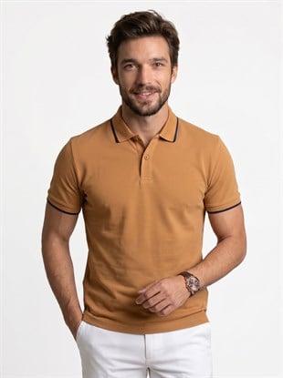 Taba Lacivert Yaka Çizgili Erkek Polo Yaka Tişört