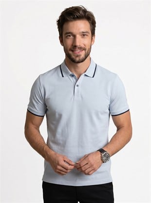 Gri Lacivert Yaka Çizgili Erkek Polo Yaka Tişört