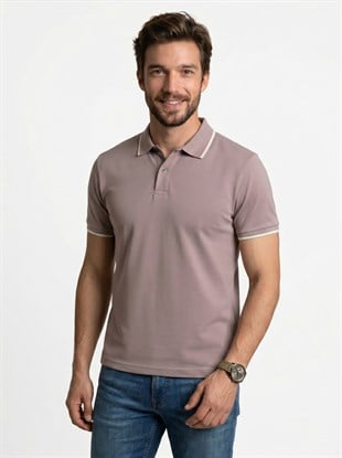 Vizon Bej Yaka Çizgili Erkek Polo Yaka Tişört