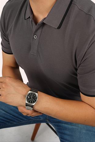 Füme Siyah Yaka Çizgili Erkek Polo Yaka Tişört