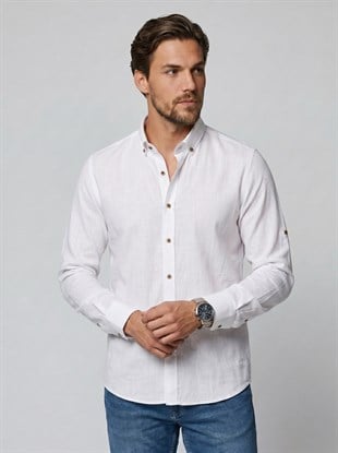 EtikmenBeyaz Yaka Düğmeli Keten Slimfit Erkek GömlekYaka Düğmeli Gömlek Modeller