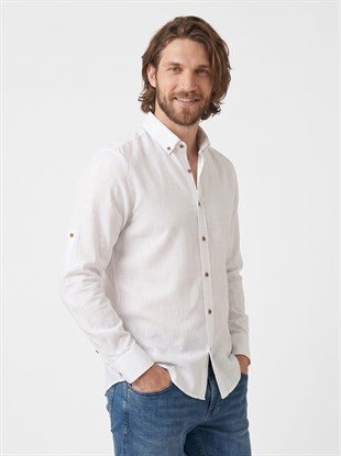 EtikmenBeyaz Yaka Düğmeli Keten Slimfit Erkek GömlekYaka Düğmeli Gömlek Modeller