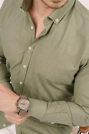 Haki Yaka Düğmeli Keten Slimfit Erkek Gömlek