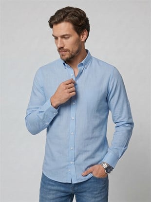 EtikmenMavi Yaka Düğmeli Keten Slimfit Erkek GömlekYaka Düğmeli Gömlek Modeller