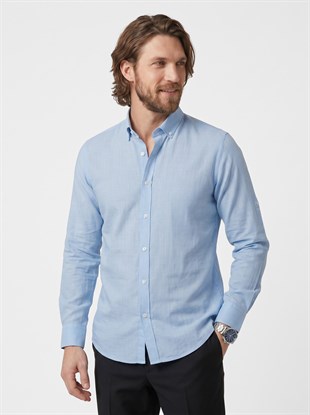 EtikmenMavi Yaka Düğmeli Keten Slimfit Erkek GömlekYaka Düğmeli Gömlek Modeller