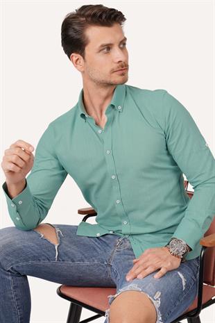 Mint Yaka Düğmeli Keten Slimfit Erkek Gömlek