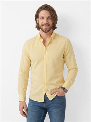 Sarı Yaka Düğmeli Keten Slimfit Erkek Gömlek
