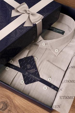 Sütlü Kahve Yaka Düğmeli Keten Slimfit Erkek Gömlek