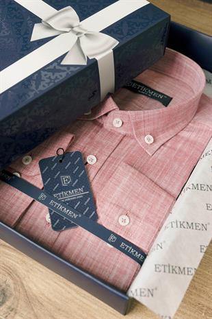 Vişne Yaka Düğmeli Keten Slimfit Erkek Gömlek