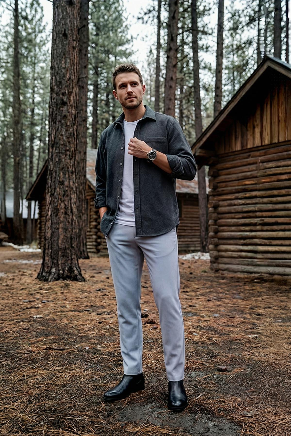 Füme Düz Oversize Oduncu Gömlek & Beyaz Slimfit Tişört & Gri Pantolon 3'lü Kombin