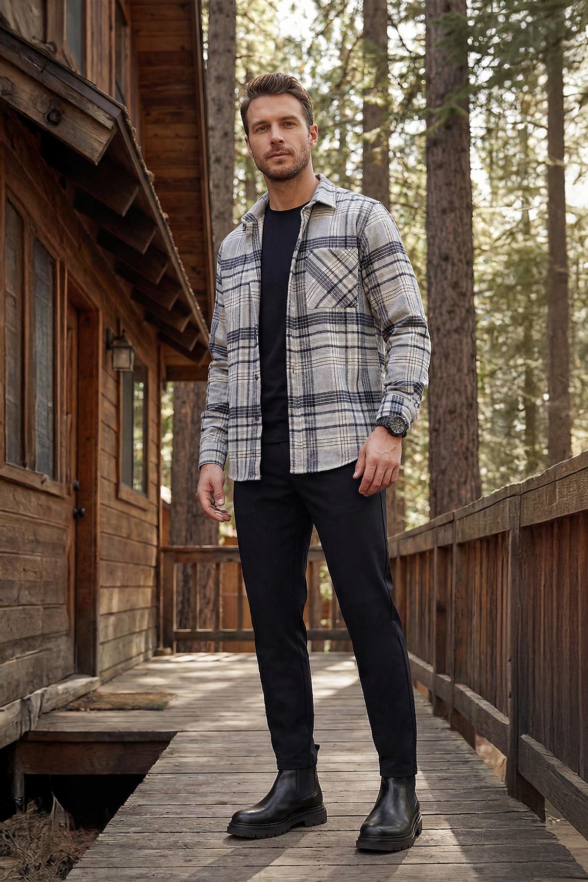 Gri Lacivert Çizgili Oversize Oduncu Gömlek & Siyah Tişört & Siyah Pantolon 3'lü Kombin