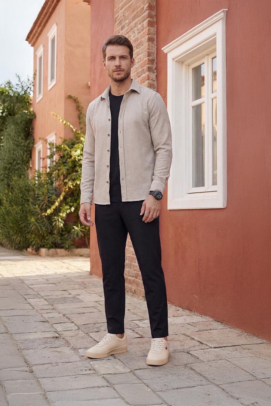 Sütlü Kahve Slimfit Oduncu Gömlek & Siyah Tişört & Siyah Pantolon 3'lü Kombin