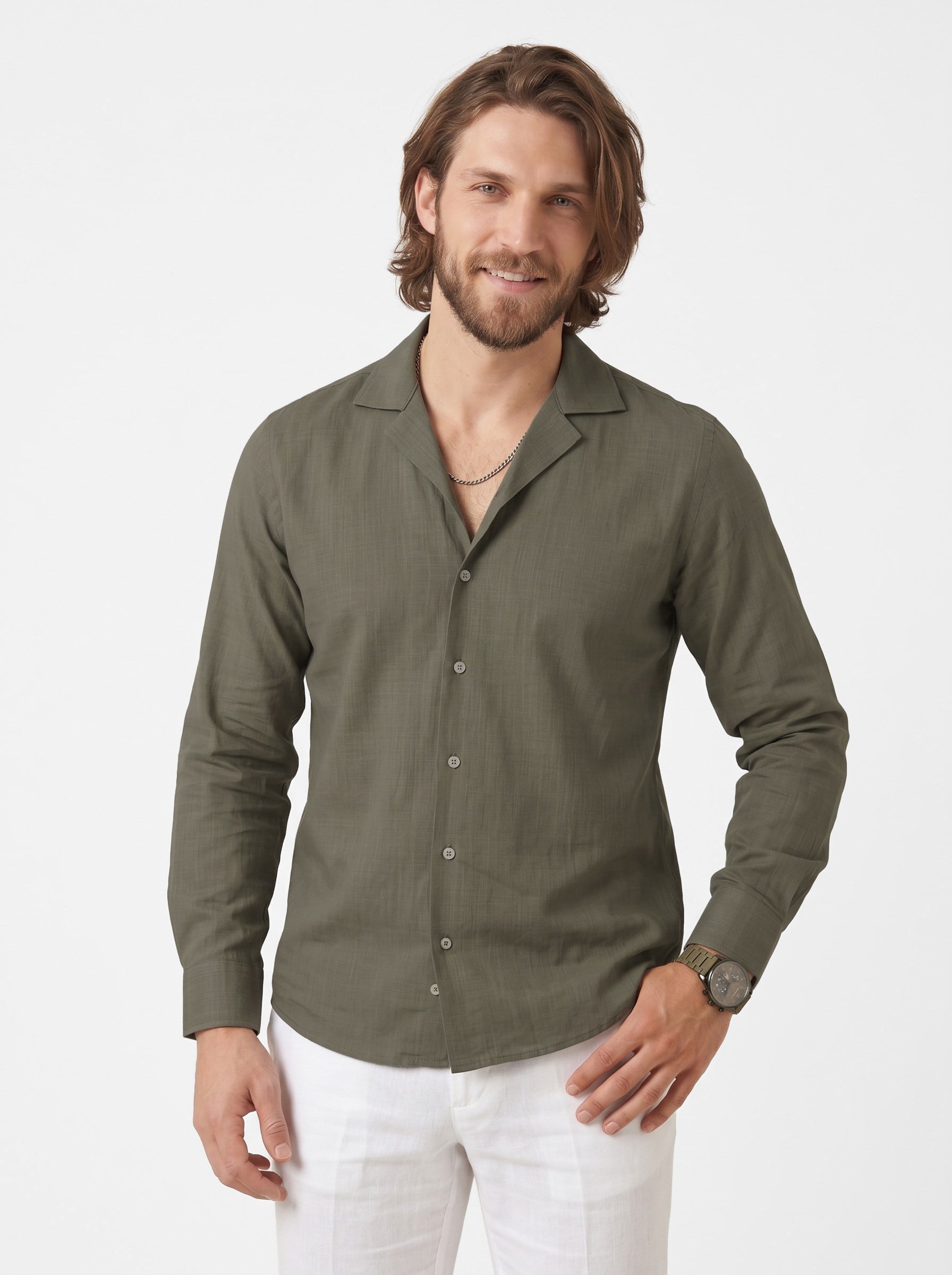 Haki Keten Apaj Yaka Oversize Erkek Gömlek
