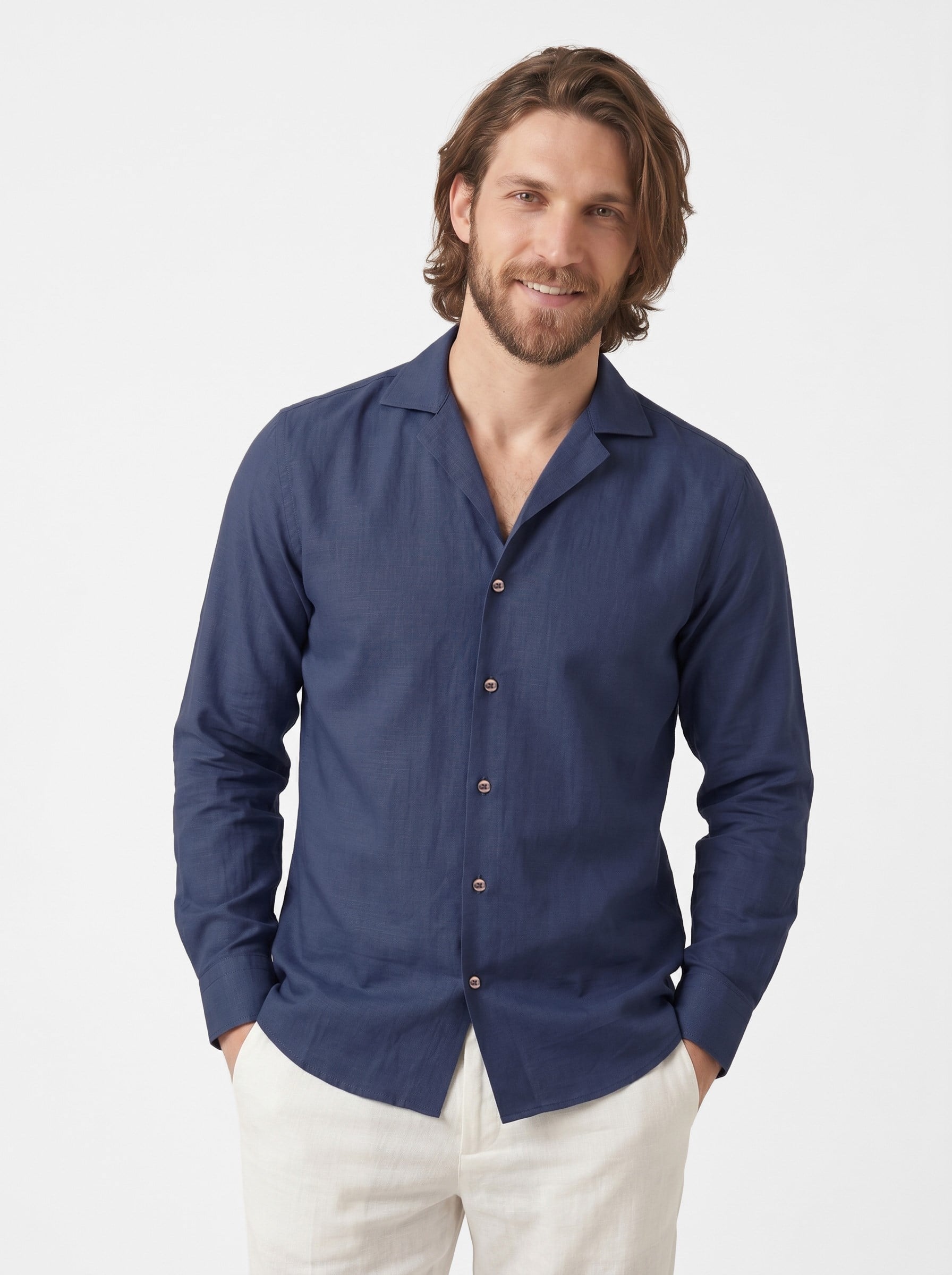 indigo Keten Apaj Yaka Oversize Erkek Gömlek