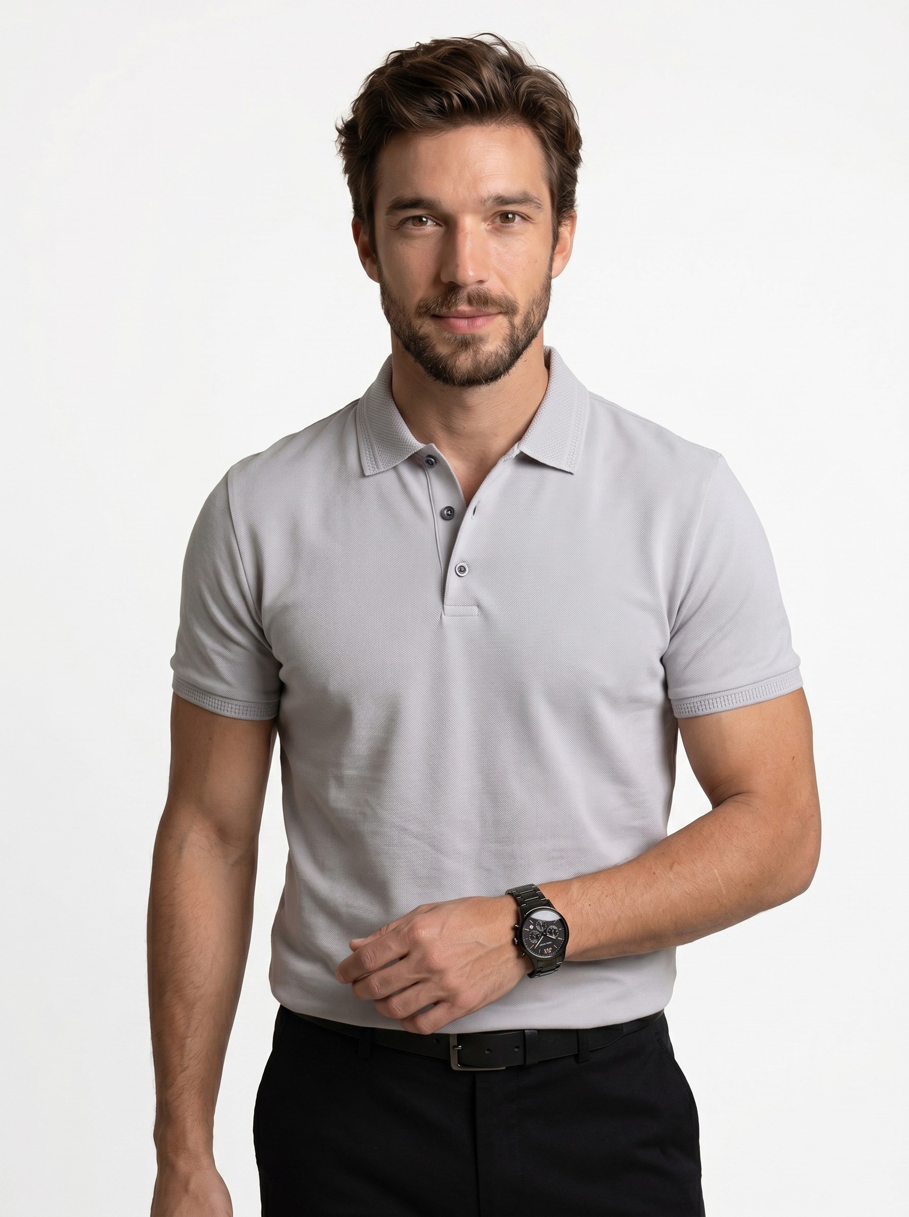 Taş Gri Yaka Desenli Erkek Polo Yaka Tişört