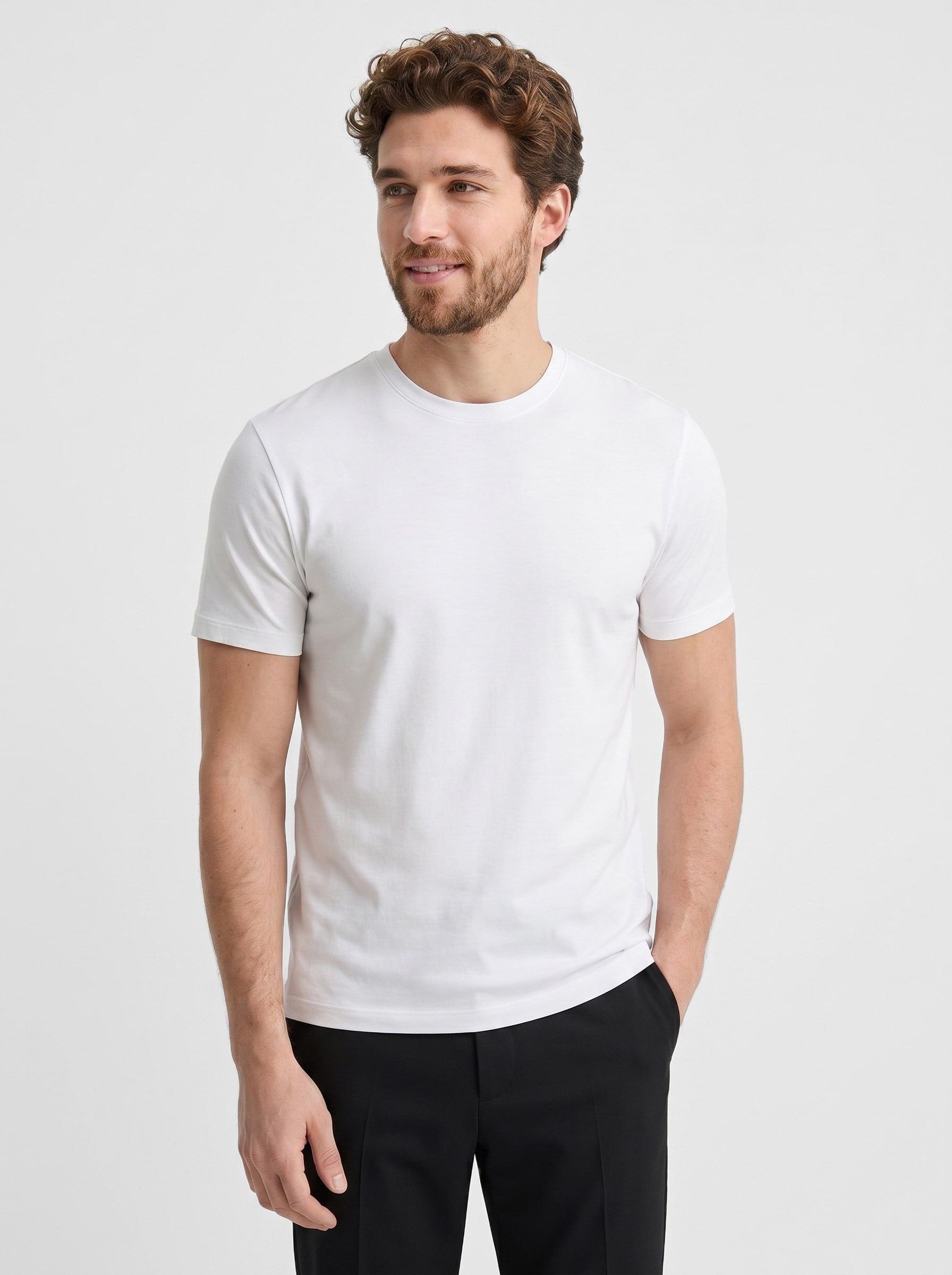 Premium Likralı Organik Pamuk Basic Slimfit Beyaz Erkek Tişört