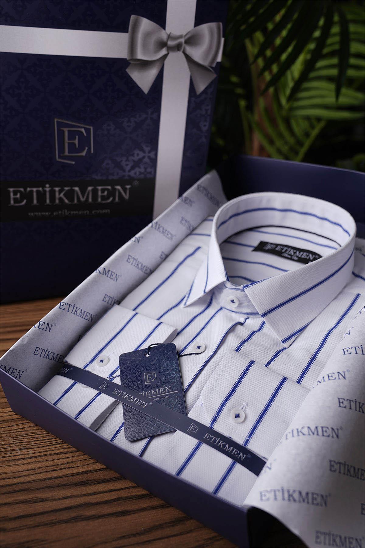 Beyaz Mavi Çizgili Slimfit Erkek Gömlek · 4