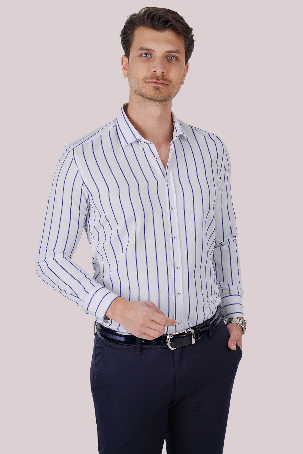 Beyaz Mavi Çizgili Slimfit Erkek Gömlek · 5