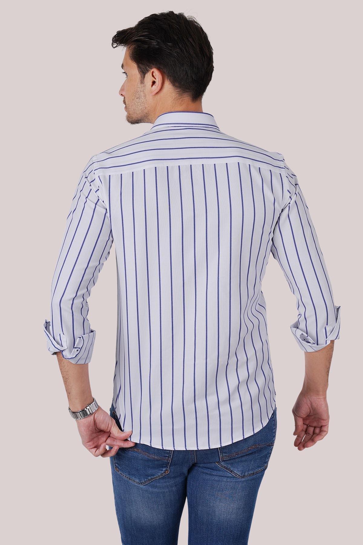 Beyaz Mavi Çizgili Slimfit Erkek Gömlek · 7