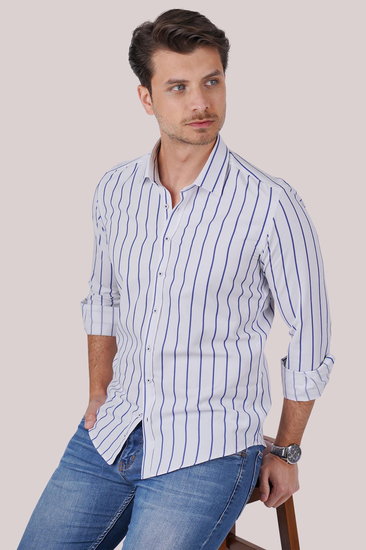 Beyaz Mavi Çizgili Slimfit Erkek Gömlek · 2
