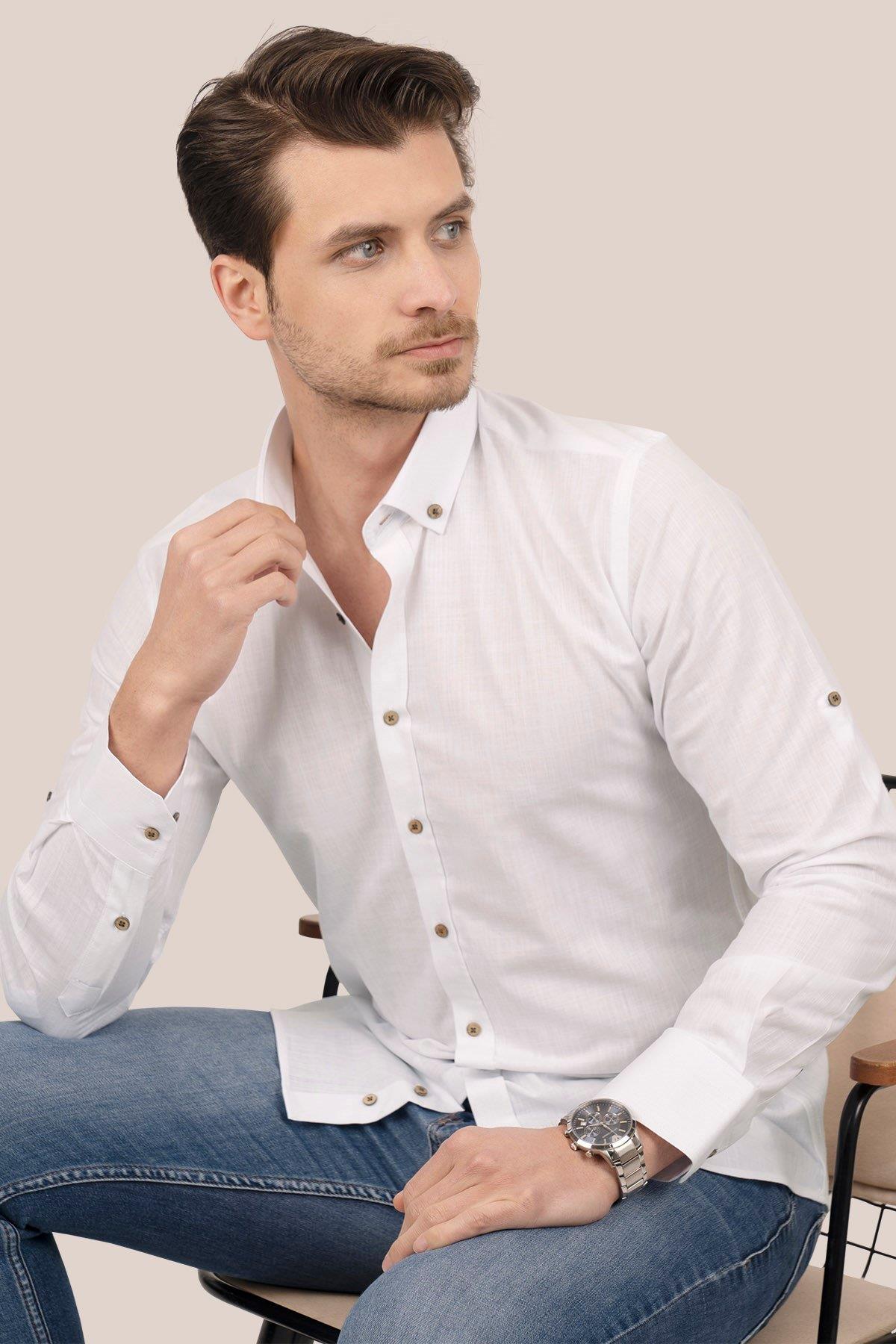 Beyaz Yaka Düğmeli Keten Slimfit Erkek Gömlek · 3