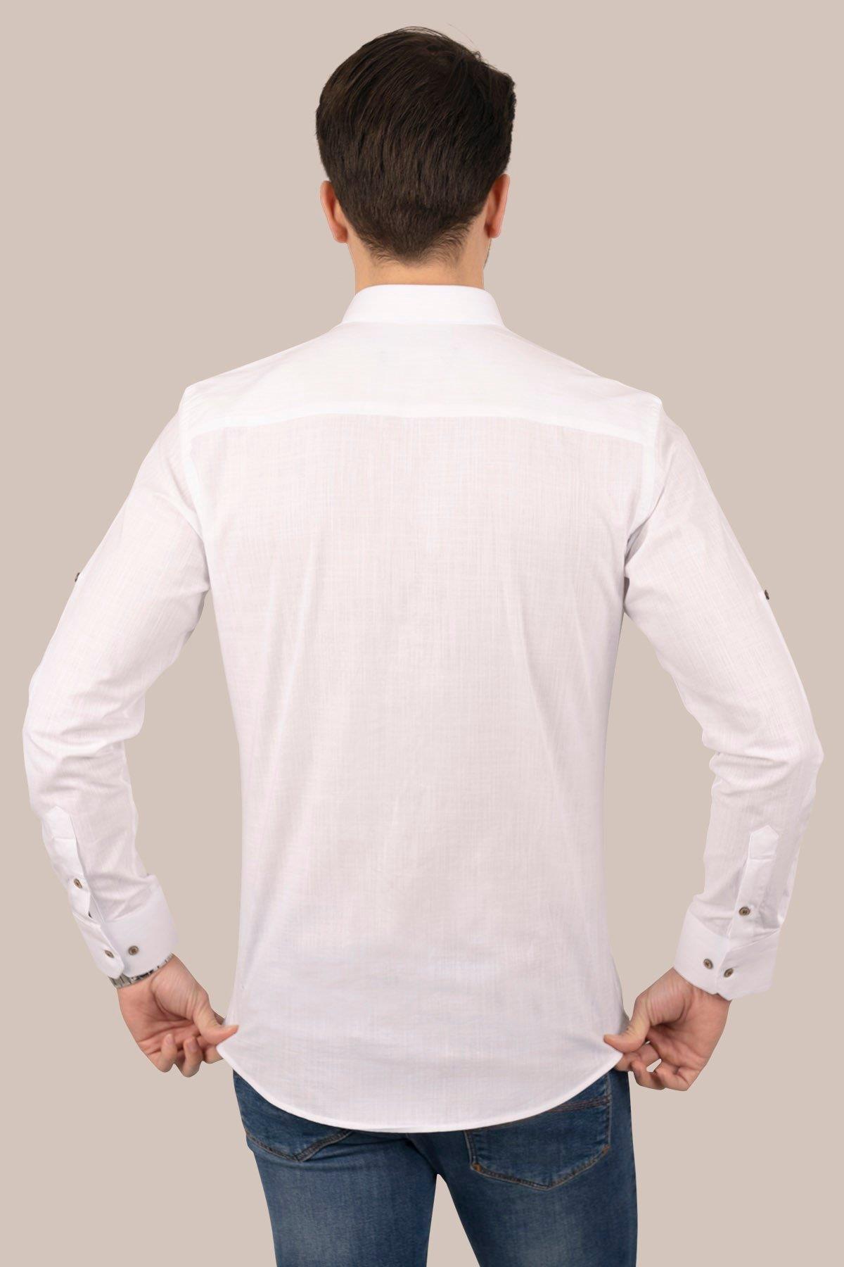 Beyaz Yaka Düğmeli Keten Slimfit Erkek Gömlek · 6